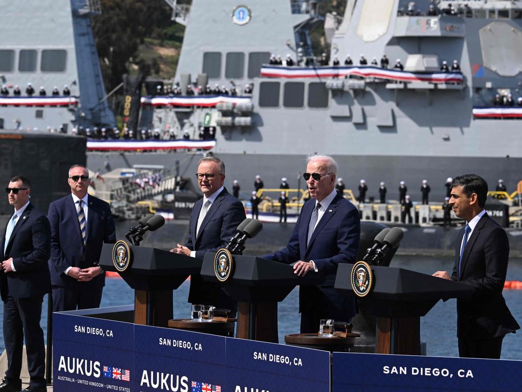 US President Joe Biden, centre, alongside British Prime Minister Rishi Sunak and Australian Prime Minister Anthony Albanese during the AUKUS summit at Naval Base Point Loma in San Diego California. Picture: AFP