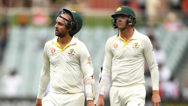 Nathan Lyon and Josh Hazlewood after the heartbreaking loss. Picture: Getty