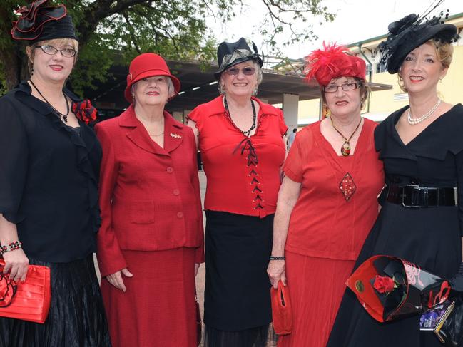 Kim and Terre Neilsen, Anne Coombe, Margaret Belcher and Kath Walker at the 2011 Townsville Ladies Day Races held at the Cluden Race Track.