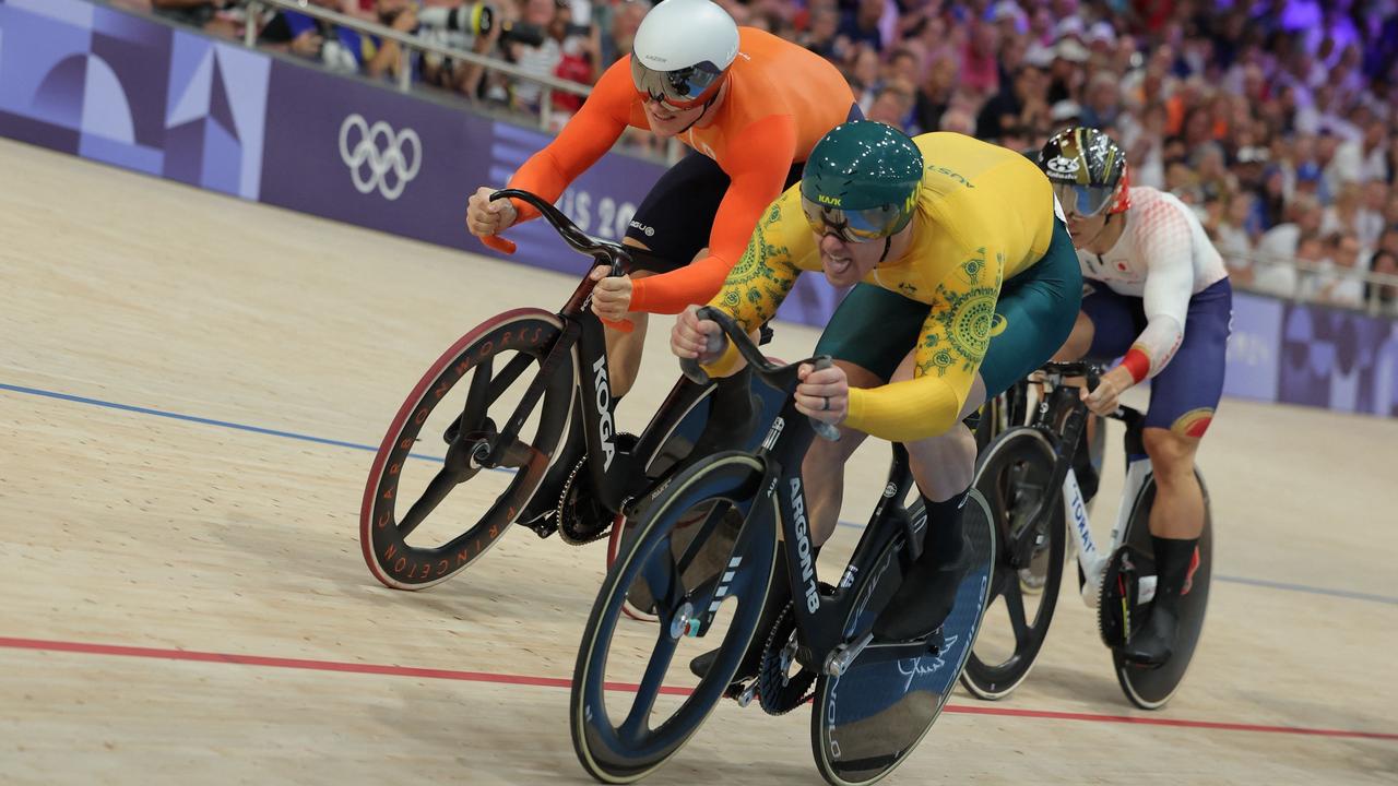 Glaetzer competing in the men's track cycling keirin first round of the Paris 2024 Olympic Games. Picture: Thomas SAMSON / AFP.