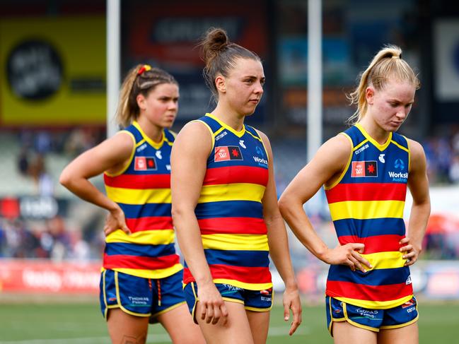 MELBOURNE, AUSTRALIA - NOVEMBER 26: Ebony Marinoff of the Crows looks dejected after a loss during the 2023 AFLW Second Preliminary Final match between The North Melbourne Tasmanian Kangaroos and The Adelaide Crows at IKON Park on November 26, 2023 in Melbourne, Australia. (Photo by Dylan Burns/AFL Photos via Getty Images)