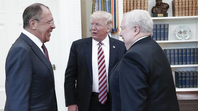 This photo of Trump with Mr Lavrov, left, and Russian Ambassador to Washington Sergey Kislyak, far right, dubbed “the biggest perpetrator of fake news”, is a particular source of embarrassment. Picture: AFP / Russian Foreign Ministry