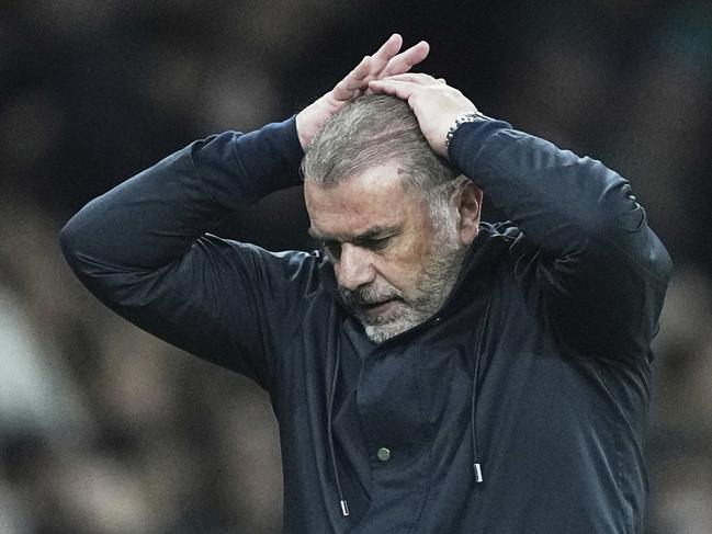 Tottenham's head coach Ange Postecoglou reacts during the English Premier League soccer match between Tottenham and Nottingham Forest at Tottenham Hotspur Stadium in London, Monday, April 21, 2025. (AP Photo/Dave Shopland)