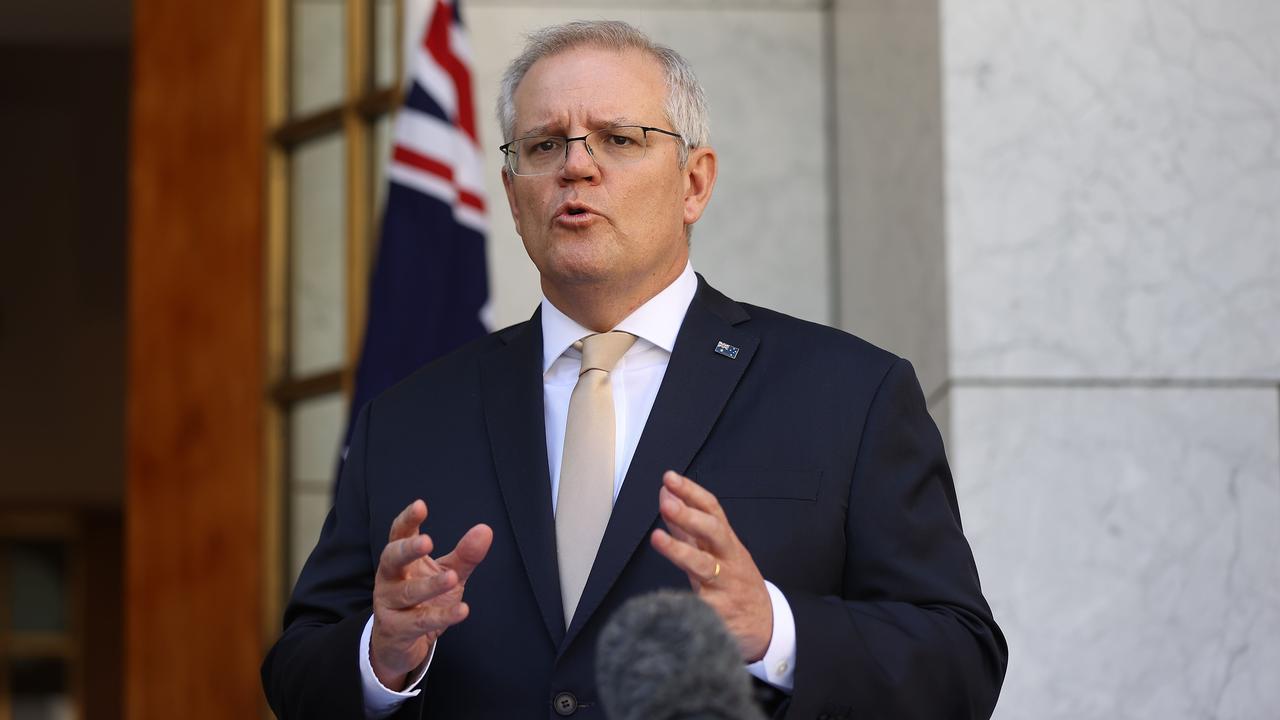 Prime Minister Scott Morrison says home quarantine should replace hotel quarantine as vaccination milestones are met. Picture: NCA NewsWire / Gary Ramage