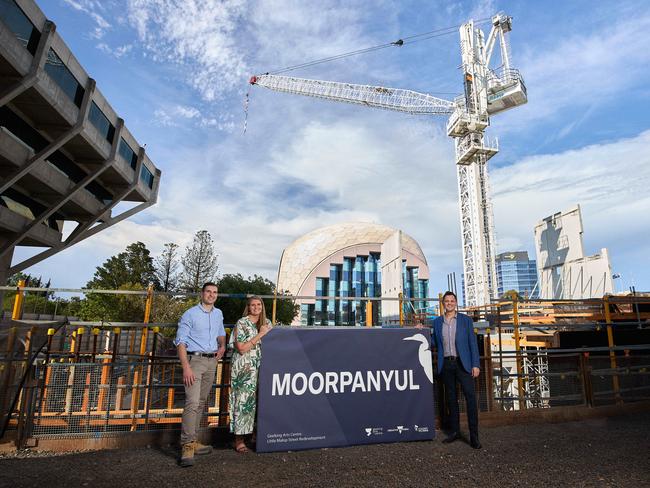 Joel McGuinness CEO and Creative Director Geelong Arts Centre, Nicole Roache winner Name the Crane competition and Daniel Pozzebon, Senior Project Engineer Lendlease, at the site. Picture: Peter Foster