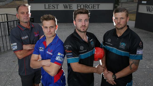 Mernda coach Paul Derrick and captain Anthony Bradford with Laurimar captain Mitch Thompson and coach Justin Sherman before their Anzac Day clash. Picture: George Salpigtidis