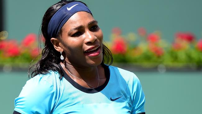 INDIAN WELLS, CA - MARCH 20: Serena Williams of the United States reacts after a lost point as she loses to Victoria Azarenka of Belarus in the WTA Singles Final during day fourteen of the 2016 BNP Parisbas Open at Indian Wells Tennis Garden on March 20, 2016 in Indian Wells, California. Harry How/Getty Images/AFP == FOR NEWSPAPERS, INTERNET, TELCOS & TELEVISION USE ONLY ==