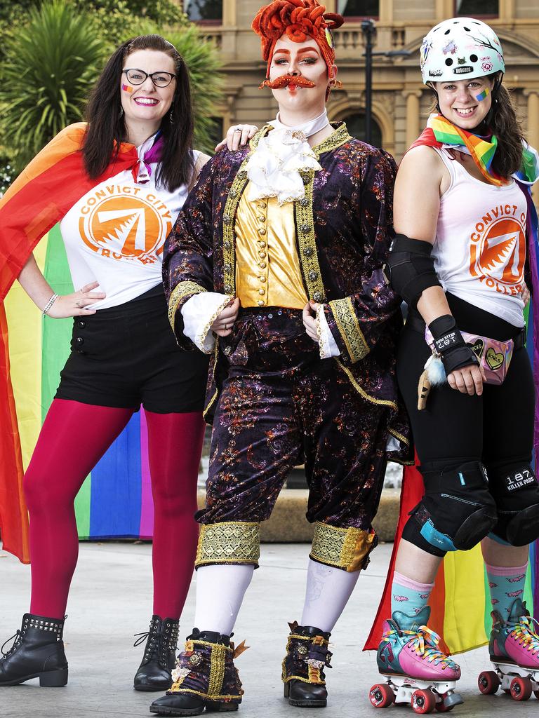 (L-R) Jess Gulliver, Justin Cider and Phoebe Burley before the Pride March through Hobart. Picture Chris Kidd