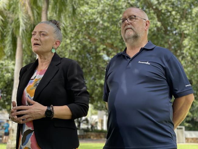 Environment Minister Kate Worden and Power and Water executive general manager Michael Besselink provide an update on the blackouts which hit thousands of Territorians. Picture: Fia Walsh