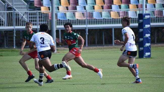 Tawa-Dean Simpkins (right) in the defensive line for Wynnum. Cyril Connell Challenge game between the Magpies and Seagulls. Saturday March 4, 2023. Picture, Nick Tucker.