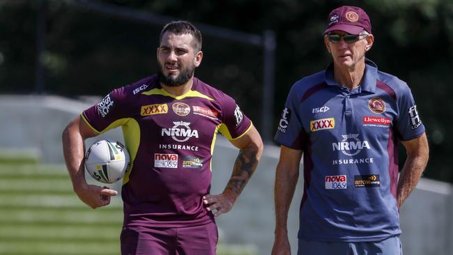 Broncos coach Wayne Bennett with injured star signing Jack Bird at training. Picture: AAP Image/Glenn Hunt