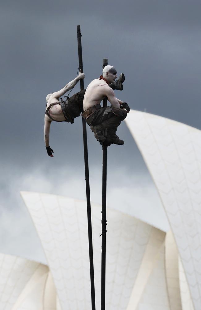 War Boys perform at Circular Quay in Sydney during a media call, previewing the premiere of Furiosa: A Mad Max Saga. Picture: Richard Dobson