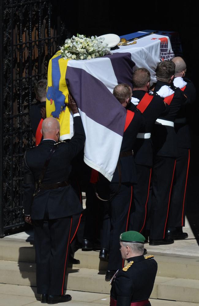 Prince Philip’s coffin is carried into the chapel. Picture: AFP