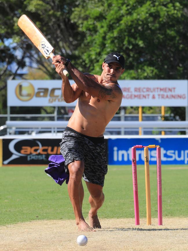 26th January 2021 - Gold Coast Titans player Jamal Fogarty belts a ball to the boundary at Pizzy park as the Bears took on the Gold Coast Titans in an Australian Day cricket clash. Photo: Scott Powick NEWSCORP
