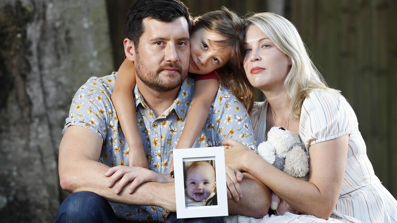 John and Carly Goya, with daughter Ruby, 5, lost six-month old Mabel to pneumococcal. Picture: Josh Woning