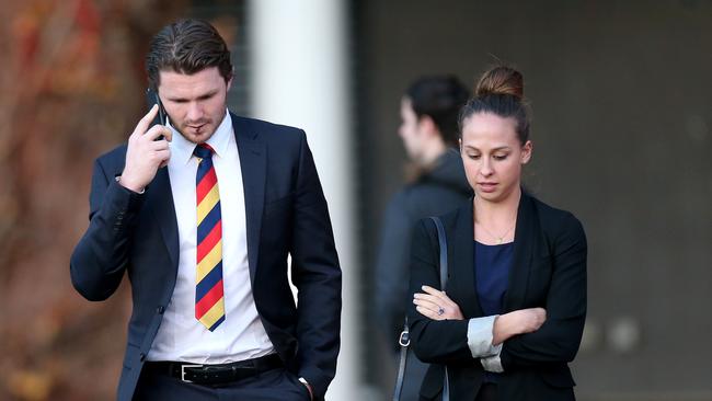 Patrick Dangerfield leaves the Phil Walsh Memorial with partner Mardi Harwood. Picture Simon Cross