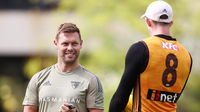 Sam Mitchell and Sam Frost at training. Picture: Michael Klein