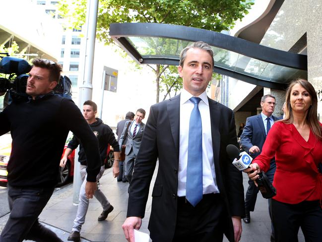 19/11/2018: Commonwealth Bank CEO Matt Comyn (C) leaving the Royal Commission into Misconduct in the Banking, Superannuation and Financial Services Industry in Sydney on Monday. Hollie Adams/The Australian