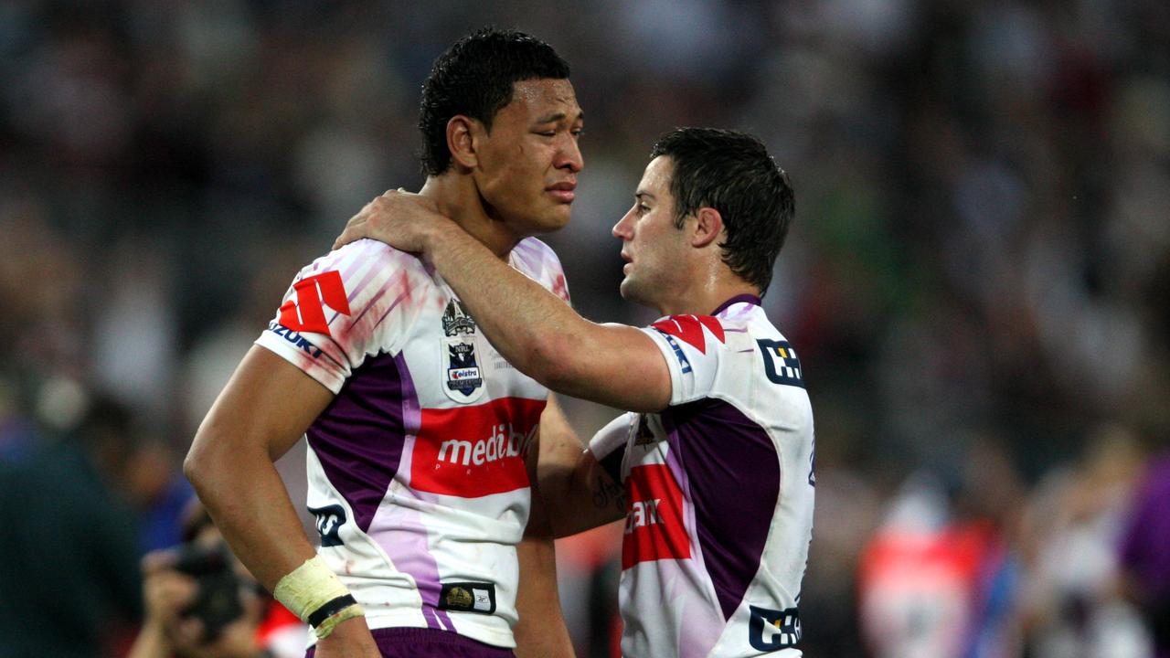 Israel Folau is consoled by Cooper Cronk following their huge defeat against Manly in the 2008 NRL grand final.