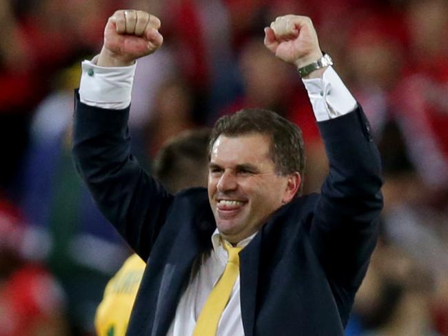 Socceroos coach Ange Postecoglou celebrates after winning the Asian Cup Final against Korea Republic at Stadium Australia , Homebush .Picture Gregg Porteous