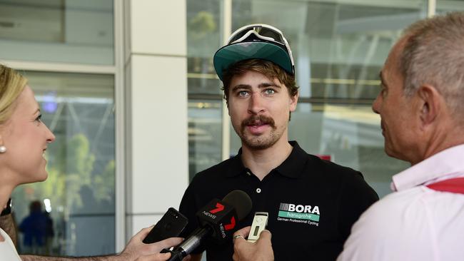 Tour Down Under's headlining act Peter Sagan speaks to the media on his arrival at Adelaide Airport for his third TDU race. Picture: Bianca De Marchi