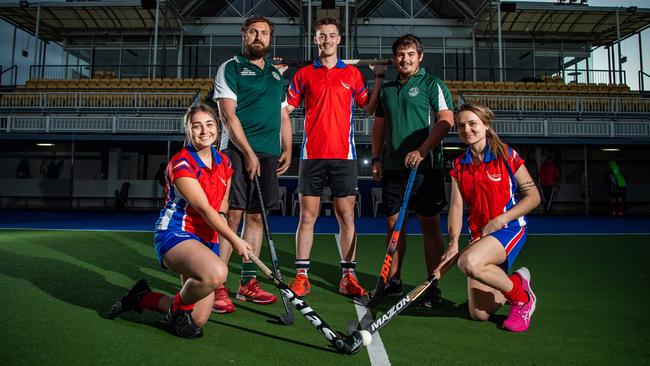 Emily Shiell (Whyalla), Zac Giles (Barossa), Scott Crowhurst (Whyalla), Jordan Rhind (Barossa) and Jessica Strawbridge (Whyalla) are among those set to do battle at the Hockey SA State Country Championships this weekend. Picture: Tom Huntley