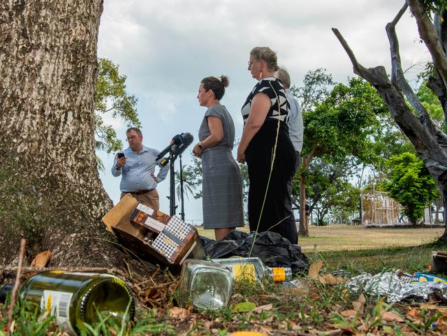 Chief Minister Lia Finocchiaro, Alcohol Minister Steve Edgington and Attorney-General Marie-Clare Boothby at Bundilla Beach in Darwin, NT. The CLP will introduce new laws allowing police to arrest and fine nuisance public drinkers in the Northern Territory. Picture: Pema Tamang Pakhrin