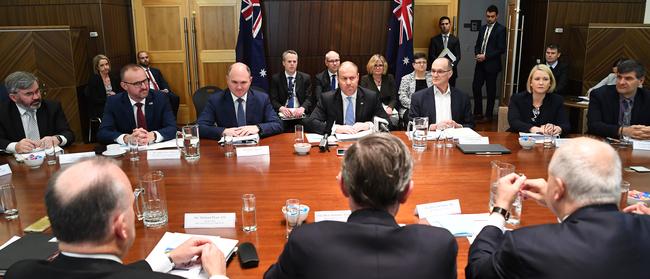 Australian Treasurer Josh Frydenberg and state treasurers at the meeting in Melbourne. Picture: AAP Image/James Ross