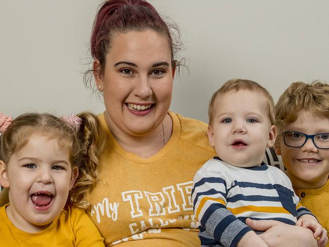 Mother of three Kaila Stace with her children,  Hadley Stace, 3, Colton Streater, 10 months and Sebastian Streater, 8. Picture: Jerad Williams