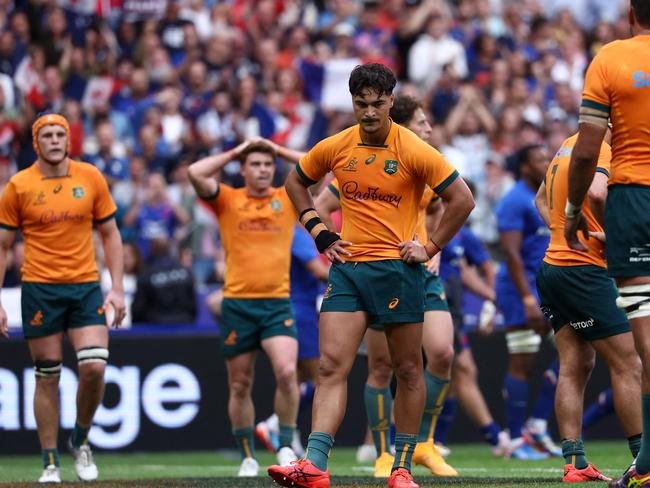 Australia's centre Jordan Petaia (C) looks on during the pre-World Cup rugby union international Test match between France and Australia at Stade de France in Saint Denis, on the outskirts of Paris on August 27, 2023. (Photo by FRANCK FIFE / AFP)