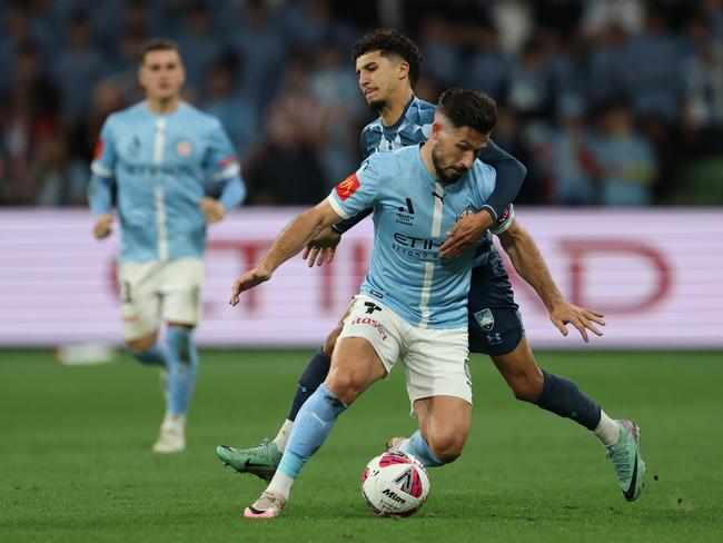 Melbourne City Mathew Leckie and Sydney FC Anas Ouahim contest for the ball in the round 29 A-League match. Picture: Robert Cianflone/Getty Images