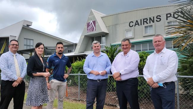 Youth Justice Department Deputy Director-General Phillip Brooks, Youth Justice Minister Leanne Linard, Youth Justice co-responder Joel Karwan, Police Minister Mark Ryan, Queensland Police Union Far North executive member Gil Dyett and Cairns MP Michael Healy visit Cairns PCYC in the wake of a teen's alleged stolen car death. Picture: Chris Calcino