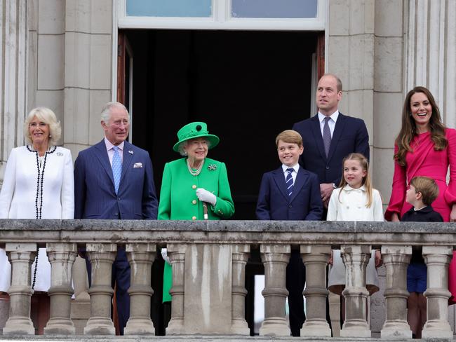 The royal family watches the finale of Platinum Jubilee celebrations from the balcony of Buckingham Palace. Picture: Getty Images.