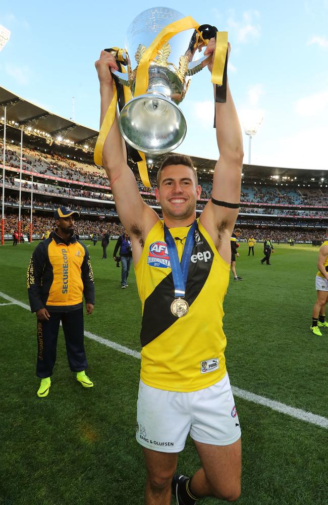 Jack Graham of the Tigers celebrates with the AFL Premiership Cup after winning the 2017 AFL Grand Final. Picture: Scott Barbour/AFL Media/Getty Images