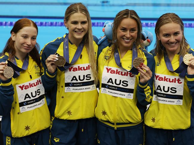 FUKUOKA, JAPAN - JULY 27: Gold medallists Mollie O'Callaghan, Shayna Jack, Brianna Throssell and Ariarne Titmus of Team Australia pose with their medals from the Women's 4 x 200m Freestyle Relay Final on day five of the Fukuoka 2023 World Aquatics Championships at Marine Messe Fukuoka Hall A on July 27, 2023 in Fukuoka, Japan. (Photo by Ian MacNicol/Getty Images)