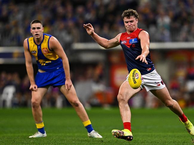 Harvey Langford stepped up in the Melbourne midfield. Picture: Daniel Carson/AFL Photos