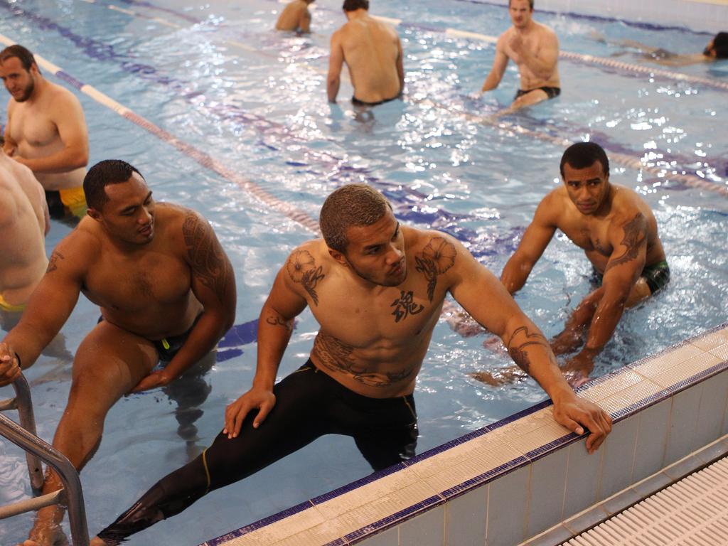 2011 Rugby World Cup - Wallabies recovery swim at Health and Sports swimming pool after their victory against Italy in Auckland New Zealand. Sekope Kepu, Digby Ioane and Will Genia.