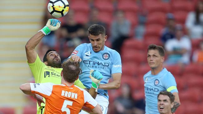 Brisbane Keeper Jamie Young beats City attacker Dario Vidosic to the ball. Picture: Getty Images