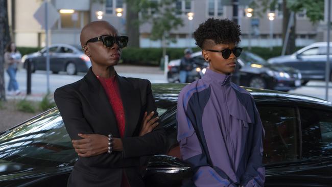 Danai Gurira as Okoye and Letitia Wright as Shuri in Black Panther: Wakanda Forever