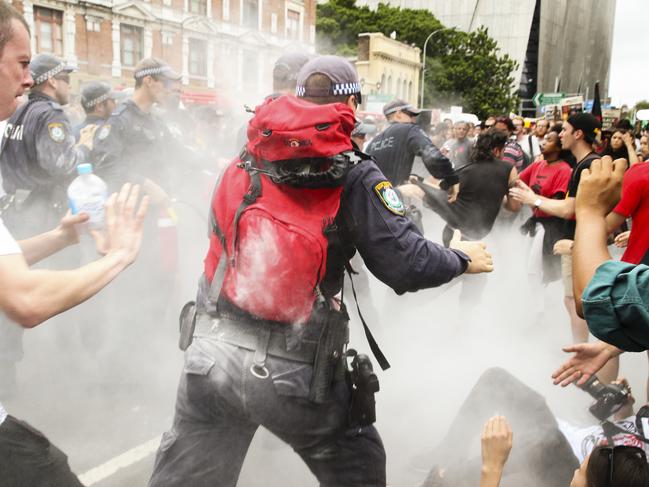 Police clash with protesters during the Invasion Day Rally 2017 at Broadway, Chippendale, today. Picture: Justin Lloyd