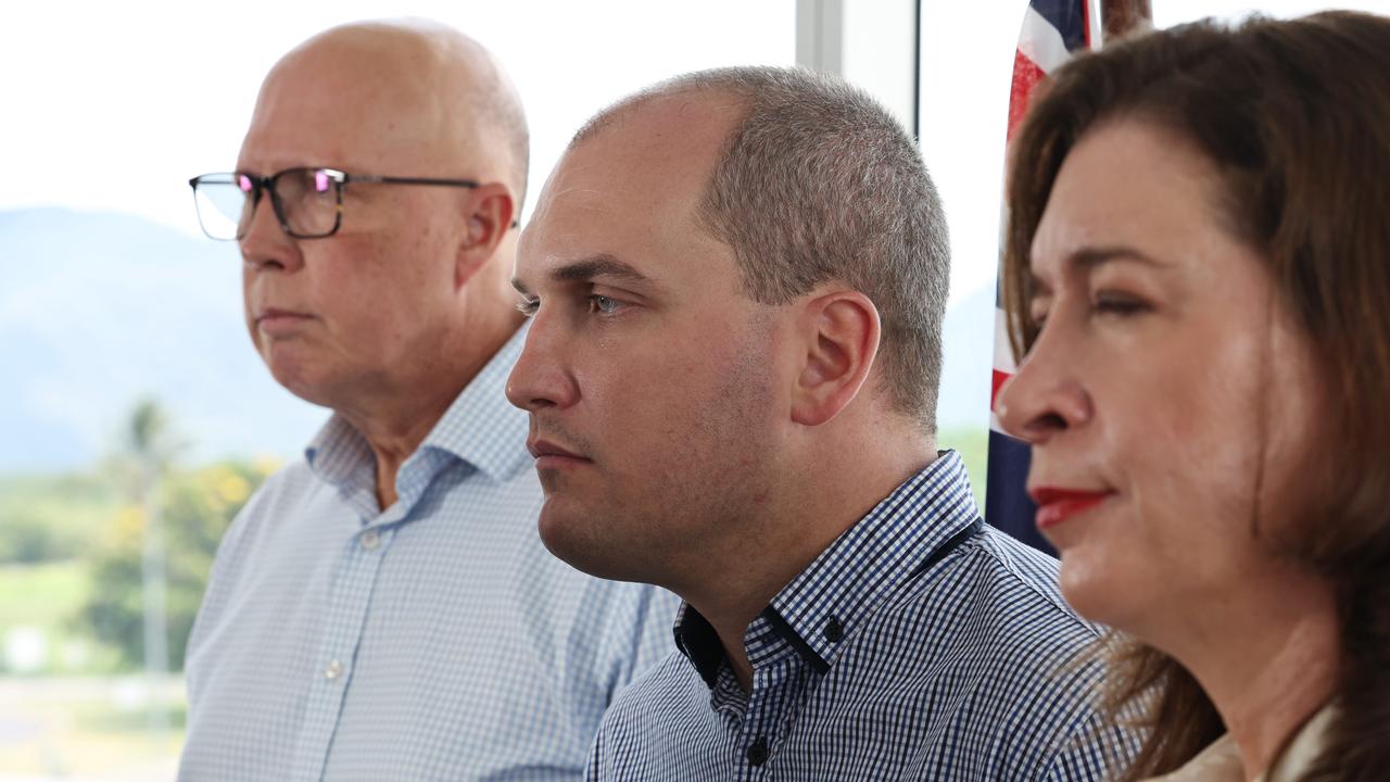 Federal opposition leader Peter Dutton LNP candidate for Leichhardt Jeremy Neal and Queensland Senator Susan McDonald in Cairns to announce the Northern Australia Infrastructure Facility will become permanent under a coalition government. Picture: Brendan Radke