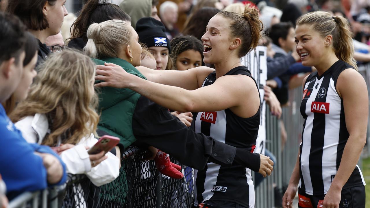 Ruby Schleicher of Collingwood acknowledges the fans after the round five AFLW match between the Collingwood Magpies and the Essendon Bombers at AIA Centre on September 23, 2022 in Melbourne, Australia. (Photo by Darrian Traynor/Getty Images)