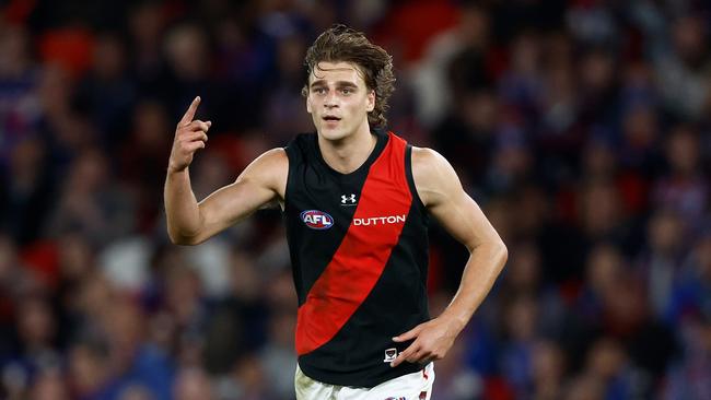 Harrison Jones of the Bombers celebrates a goal. (Photo by Michael Willson/AFL Photos via Getty Images)