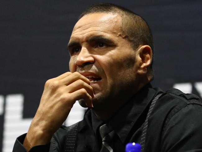 MELBOURNE, AUSTRALIA - MARCH 11: Anthony Mundine talks to the media during a press conference at Melbourne Pavillion on March 11, 2021 in Melbourne, Australia. (Photo by Mike Owen/Getty Images)