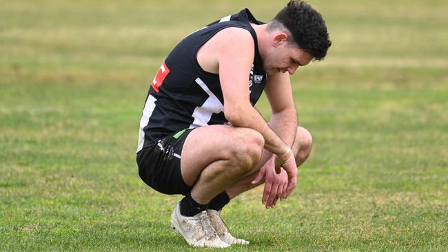 A dejected Maryborough Rovers player after the club suffered its 23rd straight loss. Picture: Rob Leeson.