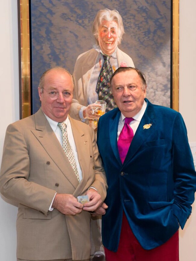 Artist Tim Storrier and comedian Barry Humphries. Picture: Philip Bacon Galleries