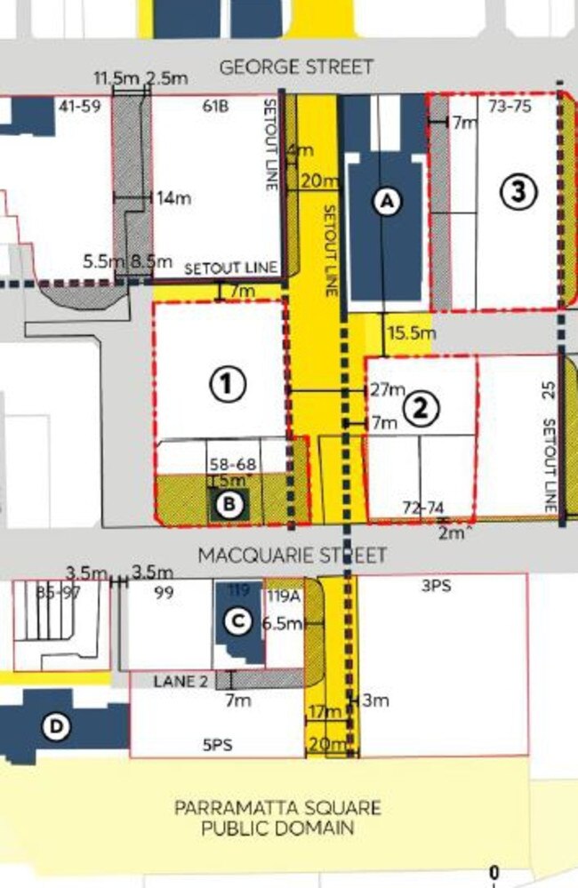 The yellow highlighted area is the proposed Civic Link, and ‘C’ marks the Leigh Memorial Church in Parramatta. 119A Macquarie St is the location of the Fellowship Centre. Cross hatching on three sides of the Fellowship Centre is the land that Parramatta Council is seeking to obtain.