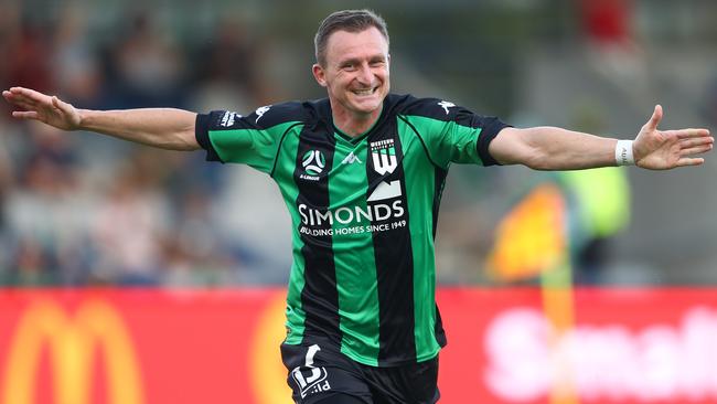 Besart Berisha of Western United celebrates after scoring a goal during the A-League match between Western United and Macarthur FC at Mars Stadium, on February 20, 2021, in Ballarat, Australia. (Photo by Robert Cianflone/Getty Images)