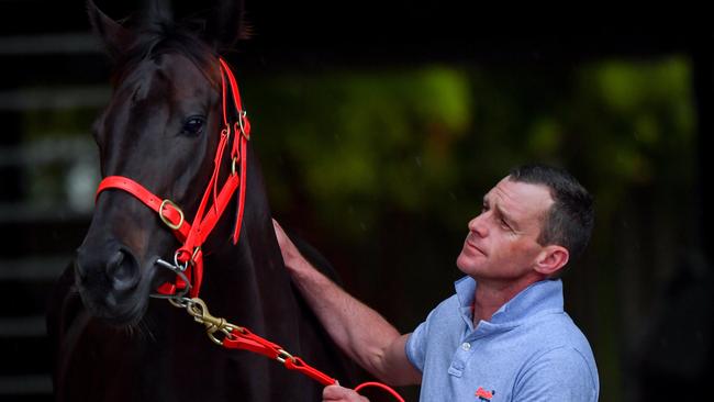 Trainer Adam Trinder poses with Mystic Journey during a media call at Flemington Racecourse in Melbourne last year. Picture: AAP/VINCE CALIGIURI