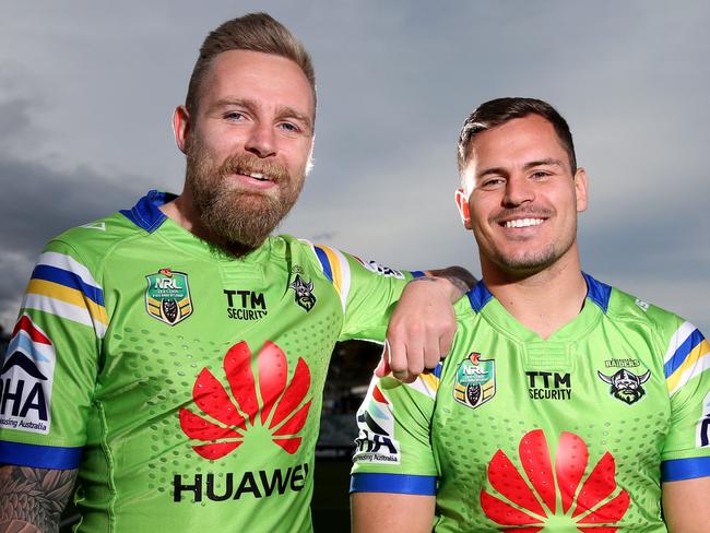 ******* Embargoed do not use without permission from Tim Morrissey ******* Raiders Blake Austin and Aidan Sezer at GIO Stadium in Canberra. Picture Kym Smith